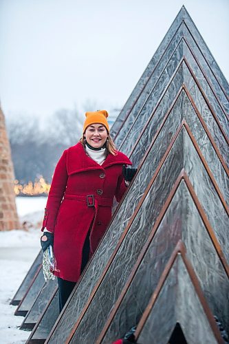 MIKAELA MACKENZIE / WINNIPEG FREE PRESS

Jaimie Isaac poses for a portrait at the formal opening of her new public art installation, The Eighth and Final Fire, at The Forks in Winnipeg on Wednesday, Dec. 15, 2021. For Al Small story.
Winnipeg Free Press 2021.