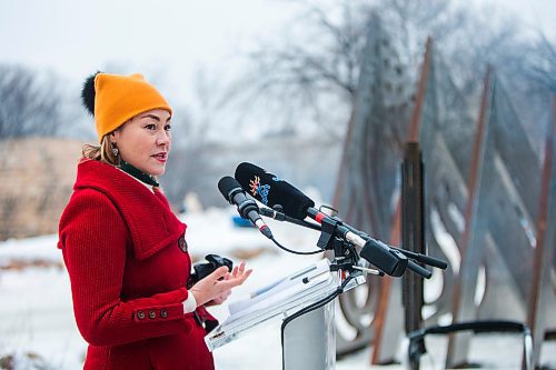 MIKAELA MACKENZIE / WINNIPEG FREE PRESS

Jaimie Isaac speaks at the formal opening of her new public art installation, The Eighth and Final Fire, at The Forks in Winnipeg on Wednesday, Dec. 15, 2021. For Al Small story.
Winnipeg Free Press 2021.