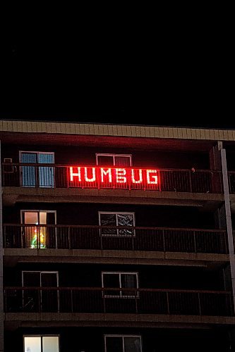 Mike Sudoma / Winnipeg Free Press

Sidney (Sid) Farmer&#x2019;s infamous &#x201c;Humbug&#x201d; light display which shines bright from his former apartment&#x2019;s balcony which faces the Route 90 underpass near Polo Park

December 20, 2021
