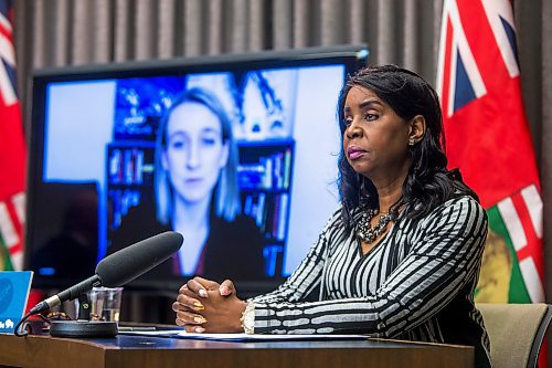 MIKAELA MACKENZIE / WINNIPEG FREE PRESS

Health minister Audrey Gordon speaks at a press conference asking the public to adjust their holiday plans at the Manitoba Legislative Building in Winnipeg on Friday, Dec. 24, 2021.  For Malak story.
Winnipeg Free Press 2021.