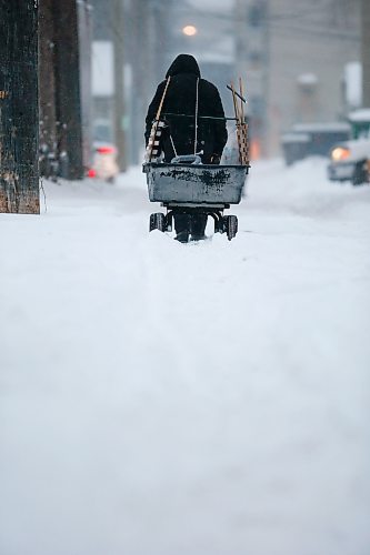 JOHN WOODS / WINNIPEG FREE PRESS
Cody makes his way down Maryland/Sherbrook back lane as he collects cans and as Winnipeggers make their way through a day of heavy snowfall in Monday, December 27, 2020. Cody trudged along without his trusted dog, who died last week, and the twenty centimetres of with stuff that were expected to fall before the end of day.

Re: ?