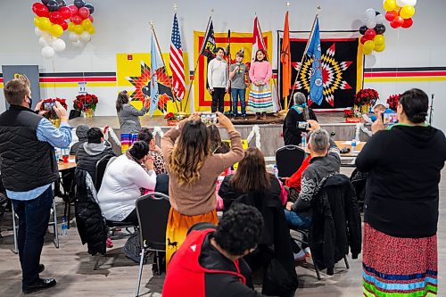 Fort La Bosse School Students provide a prayer at the Canupawakpa Dakota Oyate community centre grand opening Wednesday. (Chelsea Kemp/The Brandon Sun)