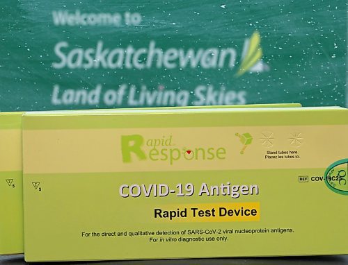 07012022
Two boxes of COVID-19 Antigen Rapid Tests that a Brandon Sun journalist was able to get from locations in Moosomin, Sask. The easy access to the free tests in Saskatchewan is the envy of many Manitobans. (Tim Smith/The Brandon Sun)