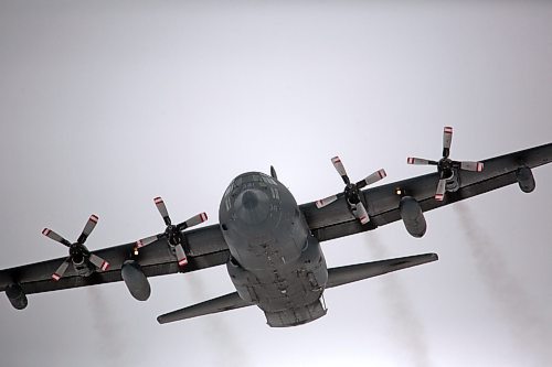  A C-130 Hercules aircraft flies over the Brandon Municipal Airport during a routine training session by members of 435 Transport and Rescue Squadron, which are based out of 17 Wing Winnipeg. (Matt Goerzen/The Brandon Sun)