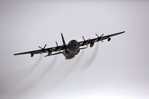 A C-130 Hercules aircraft flies over the Brandon Municipal Airport during a routine training session by members of 435 Transport and Rescue Squadron, which are based out of 17 Wing Winnipeg. (Matt Goerzen/The Brandon Sun)