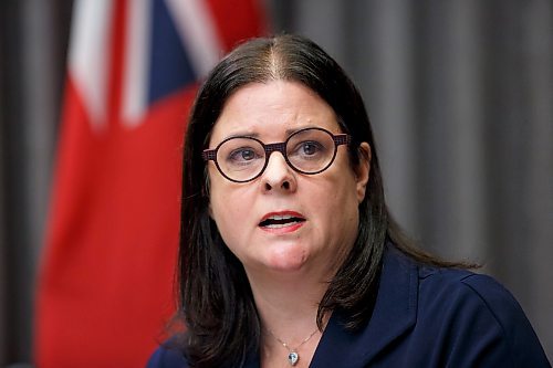 MIKE DEAL / WINNIPEG FREE PRESS
Premier Heather Stefanson (right), Health and Seniors Care Minister Audrey Gordon (left) and attending virtually, Dr. Jazz Atwal (left), deputy chief provincial public health officer, and Dr. Joss Reimer (right), medical lead, Vaccine Implementation Task Force, during the latest COVID-19 update at the Manitoba Legislative building Wednesday. 
220112 - Wednesday, January 12, 2022.