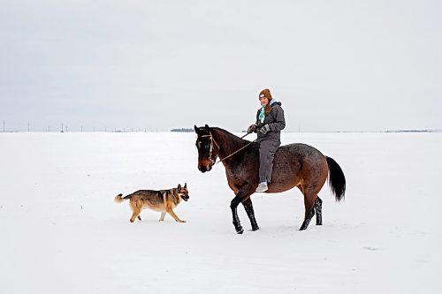 12012021
Rachel Dowd rides her quarter-horse mare JT Frosted through the snow on a property east of Wawanesa as one of the family dogs walks by their side on a mild Wednesday.  (Tim Smith/The Brandon Sun)