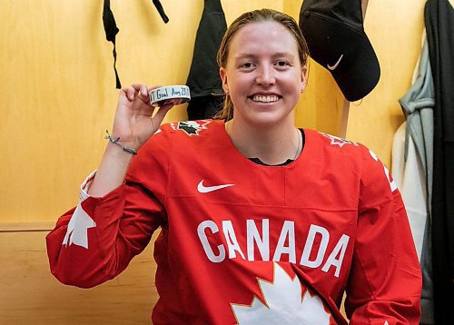 Brandon Sun Team Canada player Ashton Bell Scoring her first goal in the 2021 IIHF Women&#x2019;s World Championship Aug. 28. Submitted Photo