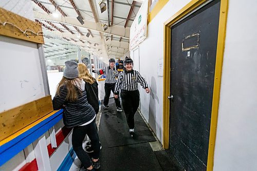 Daniel Crump / Winnipeg Free Press. Referee Camille Forbes lines a U15AAA game between the Bruins and the Thrashers game at Notre Dame arena. January 12, 2022.