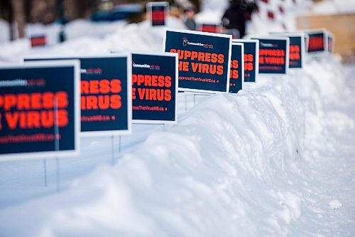 MIKAELA MACKENZIE / WINNIPEG FREE PRESS

A sign garden in support of and in solidarity with the Manitoba Students for COVID Safety Student Walkout on the legislative grounds in Winnipeg on Monday, Jan. 17, 2022. . For --- story.
Winnipeg Free Press 2022.