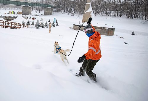 JESSICA LEE / WINNIPEG FREE PRESS

Jeremy Stevens&#x2019; work called a snow day so he and his dog Taiga went to The Forks. He is seen snowboarding down some steps at The Forks with Taiga on January 18, 2022. 







