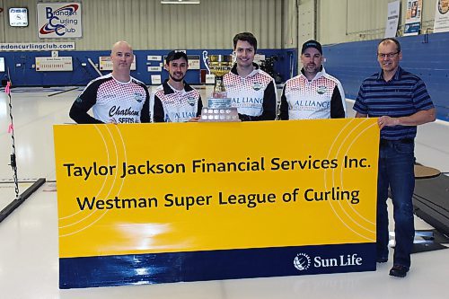 Lead Chris Campbell, second Cody Chatam, third Shayne McGranachan and skip Cale Dunbar recieve the Taylor Jackson Financial Services Westman Super League of Curling title from Shawn Taylor on Sunday afternoon at the Brandon Curling Club. (Lucas Punkari/The Brandon Sun)