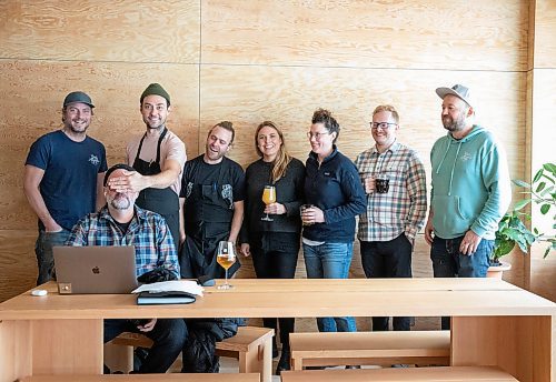 JESSICA LEE / WINNIPEG FREE PRESS
Staff at One Sixteen restaurant are photographed on January 26, 2022. From left: Neal McDonald, Keegan Misanchuk, Michael Robins, Amber Sarraillon, Morgan Wielgosz, Rob Stansel and Brad Chute,
Reporter: Eva + Ben S