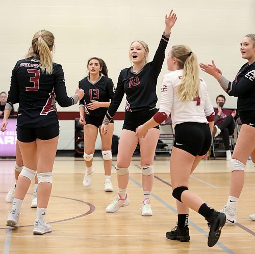 27012022
The ACC Cougars celebrate a point during volleyball action against Providence University College at ACC on Friday evening. (Tim Smith/The Brandon Sun)