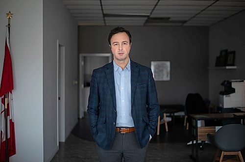 JESSICA LEE / WINNIPEG FREE PRESS

Adrien Sala, MLA for St. James, poses for a photo at his office on January 31, 2022. His office encountered aggressive threats on January 28, 2022 from an unmasked &#x201c;freedom convoy&#x201d; supporter.

Reporter: Carol




