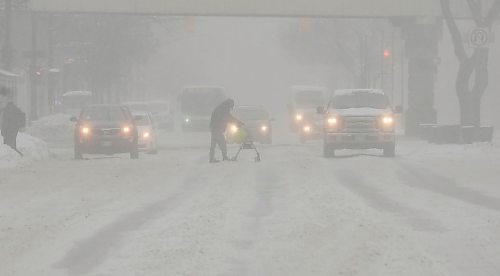 MIKE DEAL / WINNIPEG FREE PRESS
A pedestrian with a walker slowly crosses Portage Avenue at Edmonton Street Tuesday morning during blizzard conditions.
220201 - Tuesday, February 01, 2022.