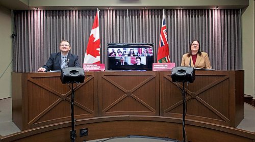 MIKE DEAL / WINNIPEG FREE PRESS
Premier Heather Stefanson and Manitoba Education and Early Childhood Learning Minister Wayne Ewasko are joined Thursday morning by virtual participants, Prime Minister Justin Trudeau, Federal Families, Children and Social Development Minister Karina Gould and Federal Northern Affairs Minister Dan Vandal during an announcement about early learning child-care in Manitoba.
220203 - Thursday, February 03, 2022.