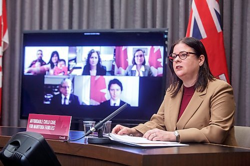 MIKE DEAL / WINNIPEG FREE PRESS
Premier Heather Stefanson answers a question from the media during the press conference. 
Premier Heather Stefanson and Manitoba Education and Early Childhood Learning Minister Wayne Ewasko are joined Thursday morning by virtual participants, Prime Minister Justin Trudeau, Federal Families, Children and Social Development Minister Karina Gould and Federal Northern Affairs Minister Dan Vandal during an announcement about early learning child-care in Manitoba.
220203 - Thursday, February 03, 2022.