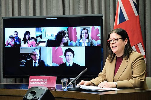 MIKE DEAL / WINNIPEG FREE PRESS
Premier Heather Stefanson answers a question from the media during the press conference. 
Premier Heather Stefanson and Manitoba Education and Early Childhood Learning Minister Wayne Ewasko are joined Thursday morning by virtual participants, Prime Minister Justin Trudeau, Federal Families, Children and Social Development Minister Karina Gould and Federal Northern Affairs Minister Dan Vandal during an announcement about early learning child-care in Manitoba.
220203 - Thursday, February 03, 2022.