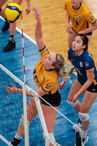 Brandon University Bobcats Nicole Ashauer, left, and Caitlin Le defend the net against the University of Winnipeg Wesmen in a Canada West women&#x573; volleyball game at the Healthy Living Centre Saturday. (Chelsea Kemp/The Brandon Sun)
