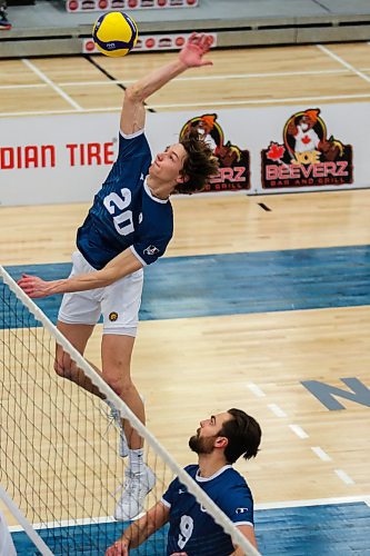 Brandon University Bobcats Paycen Warkentin spikes the ball against the University of Winnipeg Wesmen in a Canada West men&#x573; volleyball game at the Healthy Living Centre Saturday. (Chelsea Kemp/The Brandon Sun)