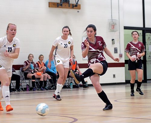 Assiniboine Community College Cougars Calista Green (2) shoots against the Brandon University Bobcats during their Manitoba Colleges Athletic Conference women's futsal game at ACC on Sunday. (Thomas Friesen/The Brandon Sun)