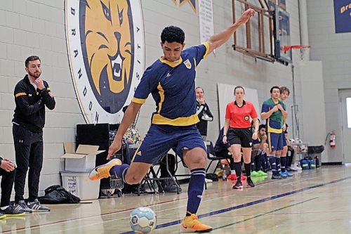 Brandon University Bobcats Diego Rodriguez shoots against Canadian Mennonite University during their Manitoba Colleges Athletic Conference men's futsal game at Henry Champ Gymnasium on Sunday. (Thomas Friesen/The Brandon Sun)