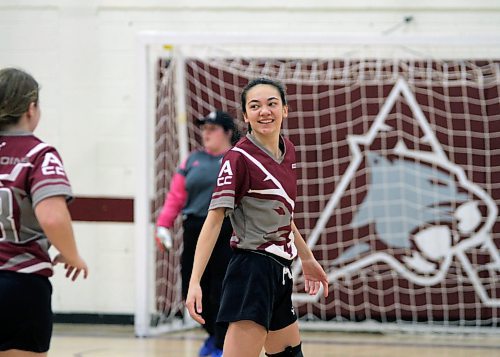 Assiniboine Community College Cougars Hannah Yuen celebrates her second goal against the Brandon University Bobcats during their Manitoba Colleges Athletic Conference women's futsal game at ACC on Sunday. (Thomas Friesen/The Brandon Sun)