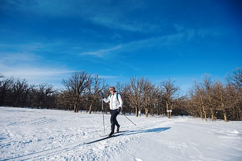 MIKAELA MACKENZIE / WINNIPEG FREE PRESS

Carol Antrobus enjoys the warm weather while cross-country skiing (for the first time on a new pair of skis) at Beaudry Provincial Park just outside of Winnipeg on Monday, Feb. 7, 2022. Entry to provincial parks is free all of February. Standup.
Winnipeg Free Press 2022.