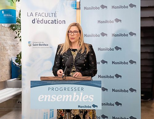 JESSICA LEE / WINNIPEG FREE PRESS

Minister responsible for Francophone Affairs Rochelle Squires announces an additional $350,000 investment from the Manitoba government to expand the capacity of its bachelor of education degree program to between 60 to 70 students each year at the Universit&#xe9; de Saint-Boniface on February 8, 2022.

Reporter: Maggie




