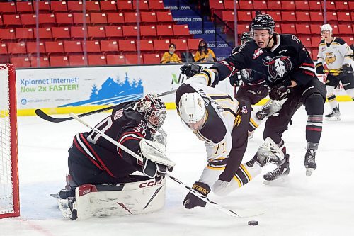 08022022
Zakhar Polshakov #71 of the Brandon Wheat Kings is knocked to the ice by Kyle Masters #7 of the Red Deer Rebels while playing the puck in front of Rebels netminder Chase Coward #30 during WHL action at Westoba Place on Tuesday evening. (Tim Smith/The Brandon Sun)