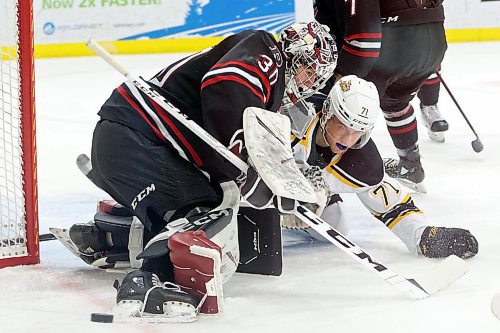 08022022
Zakhar Polshakov #71 of the Brandon Wheat Kings collides with Red Deer Rebels netminder Chase Coward #30 during WHL action at Westoba Place on Tuesday evening. (Tim Smith/The Brandon Sun)