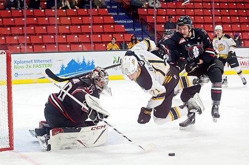 08022022
Zakhar Polshakov #71 of the Brandon Wheat Kings is knocked to the ice by Kyle Masters #7 of the Red Deer Rebels while playing the puck in front of Rebels netminder Chase Coward #30 during WHL action at Westoba Place on Tuesday evening. (Tim Smith/The Brandon Sun)