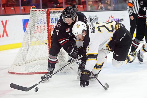 08022022
Landon Roberts #22 of the Brandon Wheat Kings collides with Kyle Masters #7 of the Red Deer Rebels while chasing the puck during WHL action at Westoba Place on Tuesday evening. (Tim Smith/The Brandon Sun)