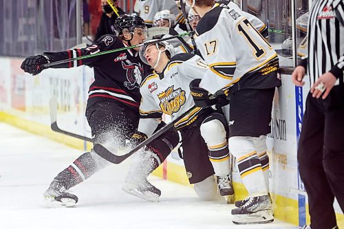 08022022
Rylen Roersma #11 of the Brandon Wheat Kings is driven into the boards by Dallon Melin #21 of the Red Deer Rebels during WHL action at Westoba Place on Tuesday evening. (Tim Smith/The Brandon Sun)