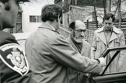 Dr. Henry Morgentaler, with lawyer Greg Brodsky at his side, is taken away from the Corydon Avenue clinic by city police. March 23, 1985 Wayne Glowacki / Winnipeg Free Press