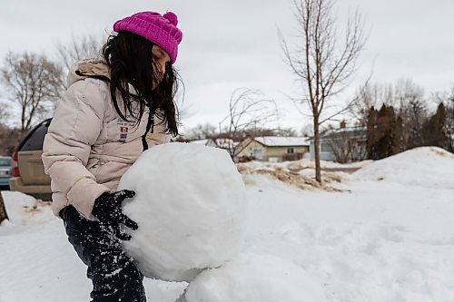DO YOU WANT TO BUILD A SNOWMAN: Bernadine, 8, and Brea, 5, Moose build a snowman in their front yard Thursday. (Chelsea Kemp/The Brandon Sun)