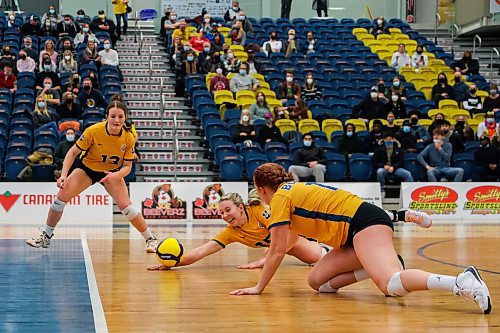 Brandon University Bobcats Jamie Bain. left, Nicole Ashauer and Danielle Dardis dive for the ball against the University of Winnipeg Wesmen in a Canada West women&#x573; volleyball game at the Healthy Living Centre Saturday. (Chelsea Kemp/The Brandon Sun)