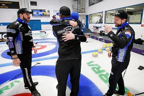 JOHN WOODS / WINNIPEG FREE PRESS
Mike McEwen, right, and his team celebrate defeating Colton Lott in the Manitoba Mens Curling Championship in Selkirk, Sunday, February 13, 2022. 

Re: Allen