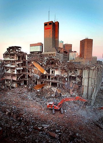 PHIL HOSSACK / WINNIPEG FREE PRESS 030107 Eaton's Demolition scene from Hargrave looking North East from the 7th floor of the old Eaton's Parkade.... See story?