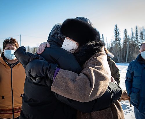 JESSICA LEE / WINNIPEG FREE PRESS

Premier Heather Stefanson hugs a relative of the family affected at the site of where a house formerly was on February 16, 2022 at Cross Lake. A fire occurred on February 12, 2022 and took the lives of three children: Kolby North, 17, Jade North, 13 and Reid North, 3.

Reporter: Danielle
