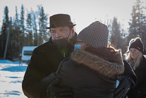 JESSICA LEE / WINNIPEG FREE PRESS

MKO Grand Chief Garrison Settee, who is from Pimicikamak Cree Nation, hugs a relative of the family affected at the site of where a house formerly was on February 16, 2022 at Cross Lake. A fire occurred on February 12, 2022 and took the lives of three children: Kolby North, 17, Jade North, 13 and Reid North, 3.

Reporter: Danielle
