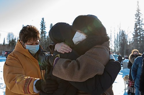 JESSICA LEE / WINNIPEG FREE PRESS

Premier Heather Stefanson hugs a relative of the family affected at the site of where a house formerly was on February 16, 2022 at Cross Lake. A fire occurred on February 12, 2022 and took the lives of three children: Kolby North, 17, Jade North, 13 and Reid North, 3.

Reporter: Danielle
