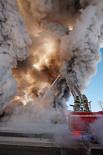 17022022
Brandon Fire and Emergency Services members battle a large fire that destroyed an apartment complex under construction on Victoria Avenue and 42nd Street in Brandon on a bitterly cold Thursday morning. (Tim Smith/The Brandon Sun)