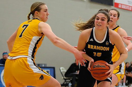 Brandon University Bobcats Adrianna Proulx defends the ball from the University of Manitoba Bisons Lovisa Fjellner in a Canada West women&#x573; basketball game at the Healthy Living Centre Friday. (Chelsea Kemp/The Brandon Sun)