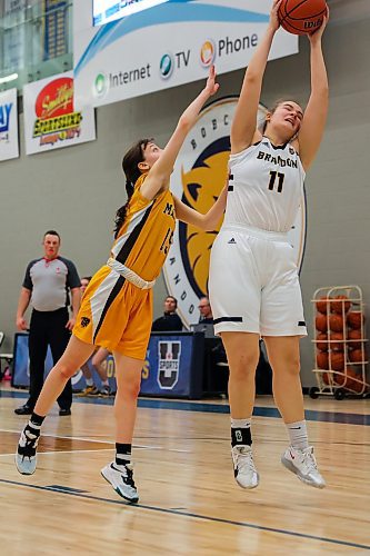 Brandon University Bobcats Eden Tabin and University of Manitoba Bisons Lana Gebken fight for a rebound in a Canada West women&#x573; basketball game at the Healthy Living Centre Friday. (Chelsea Kemp/The Brandon Sun)