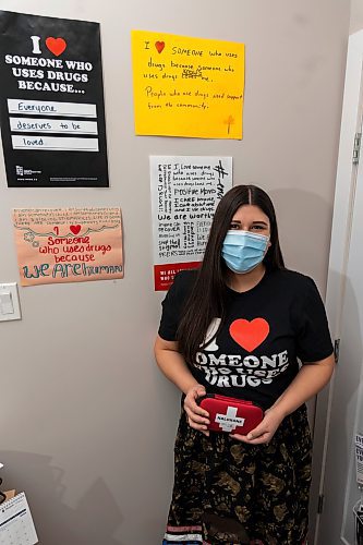 Brandon Harm Reduction network co-ordinator Solange Machado holds a Naloxone Kit in her office Wednesday at the BNRB. (Chelsea Kemp/The Brandon Sun)