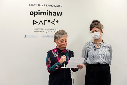 at the Art Gallery of Southwest Manitoba Thursday during the opening of artist Mary Anne Barkhouse&#x573; exhibit opimihaw. (Chelsea Kemp/The Brandon Sun)