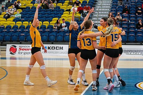 The Brandon University Bobcats University celebrate a point against the University of Winnipeg Wesmen in a Canada West women&#x573; volleyball game at the Healthy Living Centre Saturday. (Chelsea Kemp/The Brandon Sun)