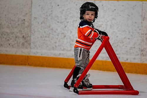 Brixton Burns, 3, tries out skating during Winter Fest at the Sportsplex Saturday. (Chelsea Kemp/The Brandon Sun)